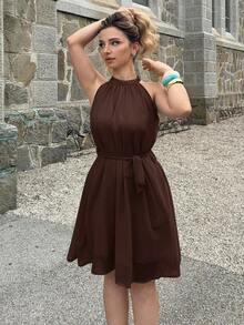 Jeta Ari Women Sleeveless Solid Color Halter Dress, Fashionable For Summer,Boho Clothes Women Elegant Party - Coffee - View 6