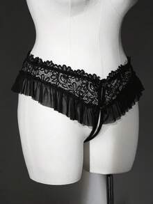 Seduluxe 1pc Plus Size Lace Mesh Crotchless Panty Black Summer - Black - View 5