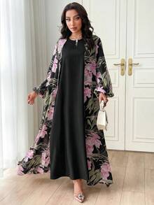 Al Najma 2件組女款春夏花卉印花燈籠袖開襟衫與純色圓領洋裝優雅套裝 - 黑色 - 查看 4