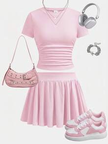 SHEIN Girlism 2件組夏季青少年女孩修身T恤與裙子套裝，新款粉色素色短袖T恤與防走光裙子套裝，百搭日常通勤、優雅、派對、家庭聚會、畢業、度假穿搭 - 粉色 - 查看 2