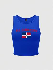 SHEIN Unity 女款 Y2K 多明尼加共和國「REP.DOMINICANA」世界盃圖案藍色背心上衣 - 藍色 - 查看 3