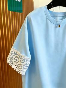 Franclia Plus Size Lace Patchwork Short Sleeve Round Neck T-Shirt - Blue - View 4
