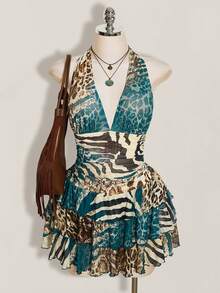SHEIN ICON Đầm size lớn họa tiết da báo cổ yếm, eo nhún, nhiều lớp voan - Nhiều màu - Xem 1