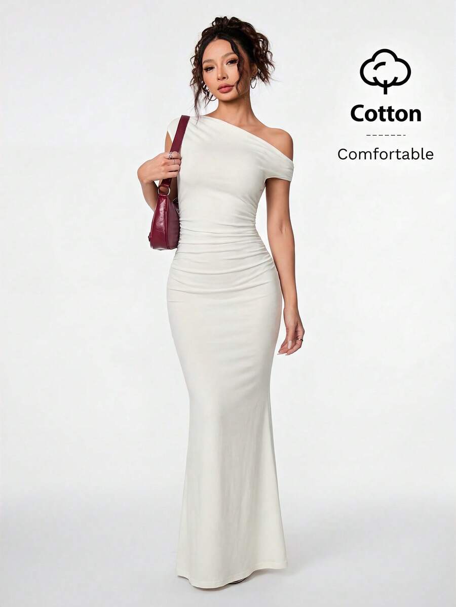 SHEIN PETITE Vestido asimétrico de hombro inclinado con cola de pez extra larga, tela de algodón cómoda, adecuado para citas diarias de verano, viajes, fiestas, ocasiones elegantes, salidas, noches de club, banquetes, mujeres de talla pequeña - Albaricoque - Ver 1
