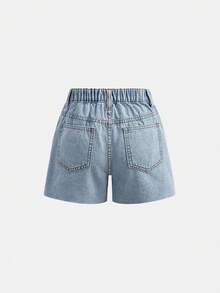 SHEIN Tween Girls Fashion Casual Y2k Vintage Cool Street Light Blue Simple Comfortable Loose Asymmetrical Waistline Denim Shorts For Tween Girl Clothes Tween Girls Dailywear And Tween Girl Spring To Summer Rave Outfits Festival And Outfits Streetwear Clothes Clothes Back To School Clothes Day Time City Break - Blue - View 2