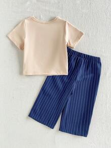SHEIN Playful Pals 2件組男嬰可愛休閒短袖上衣與格紋長褲套裝，適合夏季與旅行 - 藏蓝色 - 查看 2