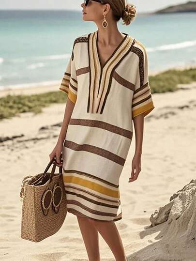 SHEIN Holidaya Women's Bohemian Style Print V-Neck Maxi Dress, Loose Fit, Suitable For Holiday, Beach, Party, Vacation: Beach, Island, Pool Party, Seaside Travel. /Bohemian Theme: Music Festival, Art Market, Events. Casual Daily Wear: Shopping, Afternoon Tea, Weekend Outing, Light Vacation Elegant Dress Women Dress Zebra Dress For Women Zig Zag Dress