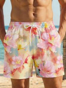 SHEIN 男士度假風花卉印花沙灘短褲，熱帶夏季海灘度假夏威夷島情侶對款，送男友禮物 - 彩色 - 查看 5