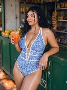 Swim Mod Plus Size Women's Random Print One-Piece Swimsuit - Blue - View 3