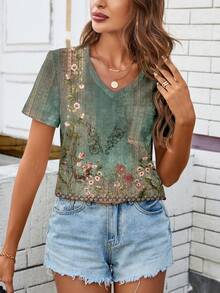 Easowa Retro Print, Comfortable And Casual V-Neck Pocket Versatile Women's T-Shirt, Perfect For Summer. - Multicolor - View 4