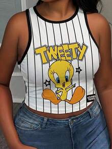 Slaydiva LOONEY TUNES X SHEIN Plus Size Casual Summer White Cartoon Print Fitted Tank Top Back-To-School Active Graduation Teacher - Multicolor - View 1