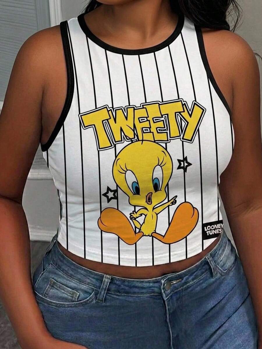 Slaydiva LOONEY TUNES X SHEIN Plus Size Casual Summer White Cartoon Print Fitted Tank Top Back-To-School Active Graduation Teacher - Multicolor - View 1