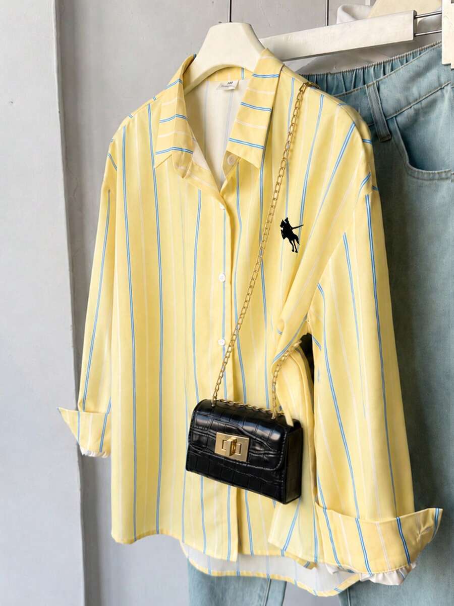 SHEIN Tween女孩黃色條紋長袖鈕扣領襯衫附腰帶,修身裝飾風格,適合多種生活場景 - 黃色 - 查看 1