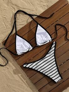 Swim Mod 2026春夏欧美新款经典黑白条纹性感两件式比基尼套装，甜美少女与性感女郎风格，挂脖系带三角罩杯，黑色撞色滚边显瘦，适合海滩、度假、水疗等场合，百搭女士比基尼 - 彩色 - 查看 3