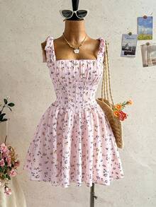 Soleia Váy mini công chúa dáng chữ A buộc dây mới đi du lịch, phong cách Bohemian, Boho, hoa lãng mạn, đi tiệc, hẹn hò, Valentine, Lễ Phục sinh, Carnival, trà chiều, đi biển, du thuyền, dạo phố ngày lễ - Màu Hồng baby - Xem 1