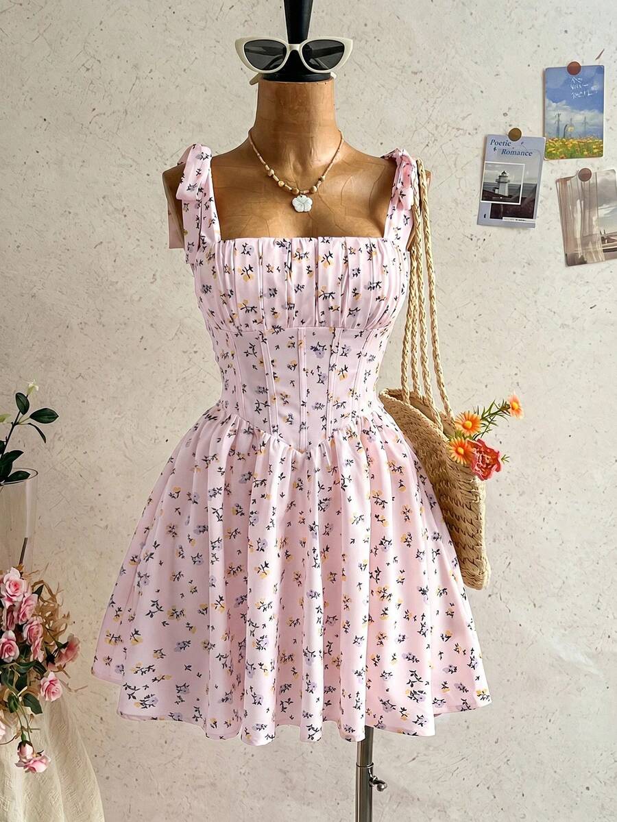 Soleia Váy mini công chúa dáng chữ A buộc dây mới đi du lịch, phong cách Bohemian, Boho, hoa lãng mạn, đi tiệc, hẹn hò, Valentine, Lễ Phục sinh, Carnival, trà chiều, đi biển, du thuyền, dạo phố ngày lễ - Màu Hồng baby - Xem 1
