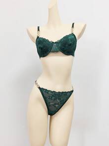 SHEIN Women Bra & Panty Sets Rantai Plain Seksi - Dark Green - View 6
