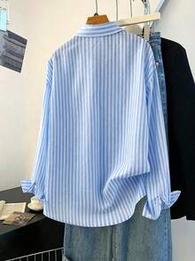 Franclia Women's Striped Print Front Button Casual Long Sleeve Shirt, Suitable For All Seasons - Blue - View 2