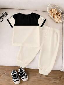 1 Set Baby Boys' Casual Sports Style Numeric 32 & Star Letter Print Round Neck Short Sleeve T-Shirt And Pants Infant Knit Outfit, Spring To Summer - Multicolor - View 2