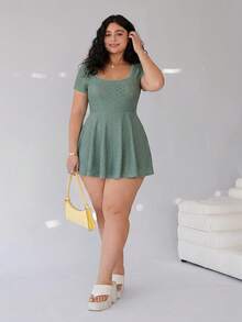 SHEIN EZwear Bộ áo liền quần tay ngắn màu xanh ô liu cỡ lớn, kiểu dáng thường ngày, thích hợp cho mùa xuân/hè. - Màu xanh Ô liu - Xem 6