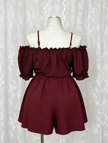 Sunspun Plus Size Summer Casual Solid Color Off-Shoulder Spaghetti Strap Romper - Burgundy - View 2