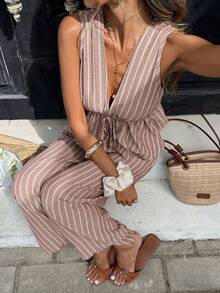 Serisse Setelan Liburan Kasual Wanita Gaya Boho Motif Garis Cokelat Bergaris dengan Tali Pinggang, Atasan Tank Top dan Celana Panjang 2 Potong untuk Liburan Musim Panas - Berwarna merah muda - View 7