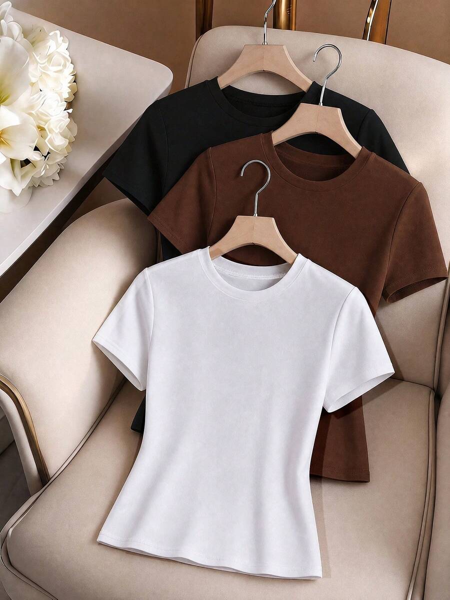 GlowEve Áo thun nữ tay ngắn cổ tròn màu trơn, mùa hè - Nhiều màu - Xem 1
