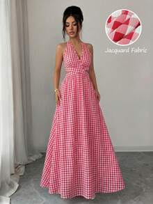 SHEIN Raffinéa Women's Long Red Plaid Halter Dress - Red - View 6
