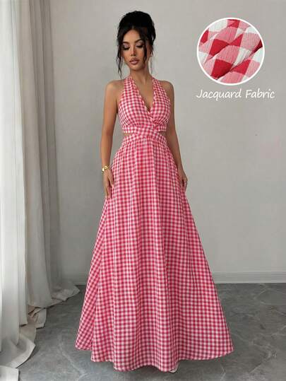 SHEIN Raffinéa Đầm dài nữ cổ yếm kẻ caro đỏ