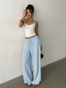 Aloruh Quần ống rộng suông rộng nữ phong cách thường ngày, lưng thun co giãn có dây buộc, họa tiết kẻ sọc, chất liệu vân lanh - Màu xanh nhạt - Xem 3