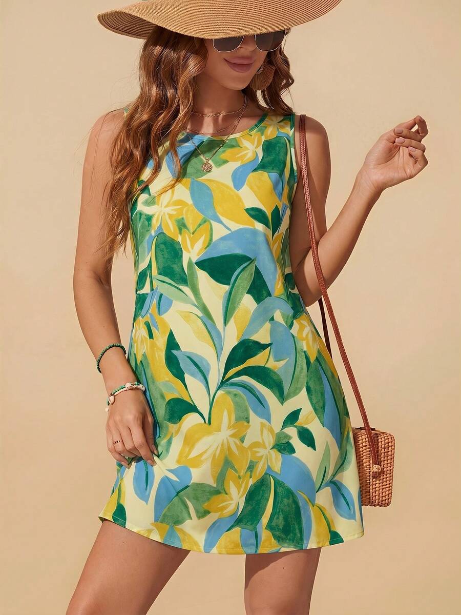 Travachic Robe droite à col rond sans manches avec imprimé tropical de vacances - Multicolore - Voir 1