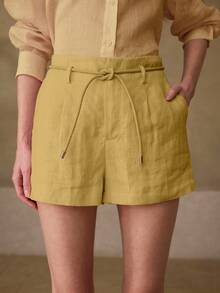MOTF PREMIUM SHORTS DE LINO CASUALES/PARA CITAS/VACACIONES, PRIMAVERA/VERANO - Mostaza Amarilla - Ver 5