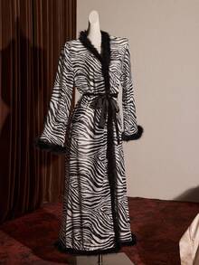 Slumberist Zebra Print Robe, Sexy Mesh Lingerie For Women, New Mesh Sheer Faux Fur Trim Long Robe, Minimalist Sexy Sleepwear Set - Black - View 7