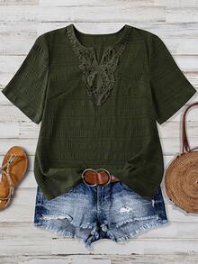 Linhara Plus Size Women V-Neck Casual Boho Versatile Daily Wear Short Sleeve Shirt Beach Vacation Army Green Summer - Green - View 1