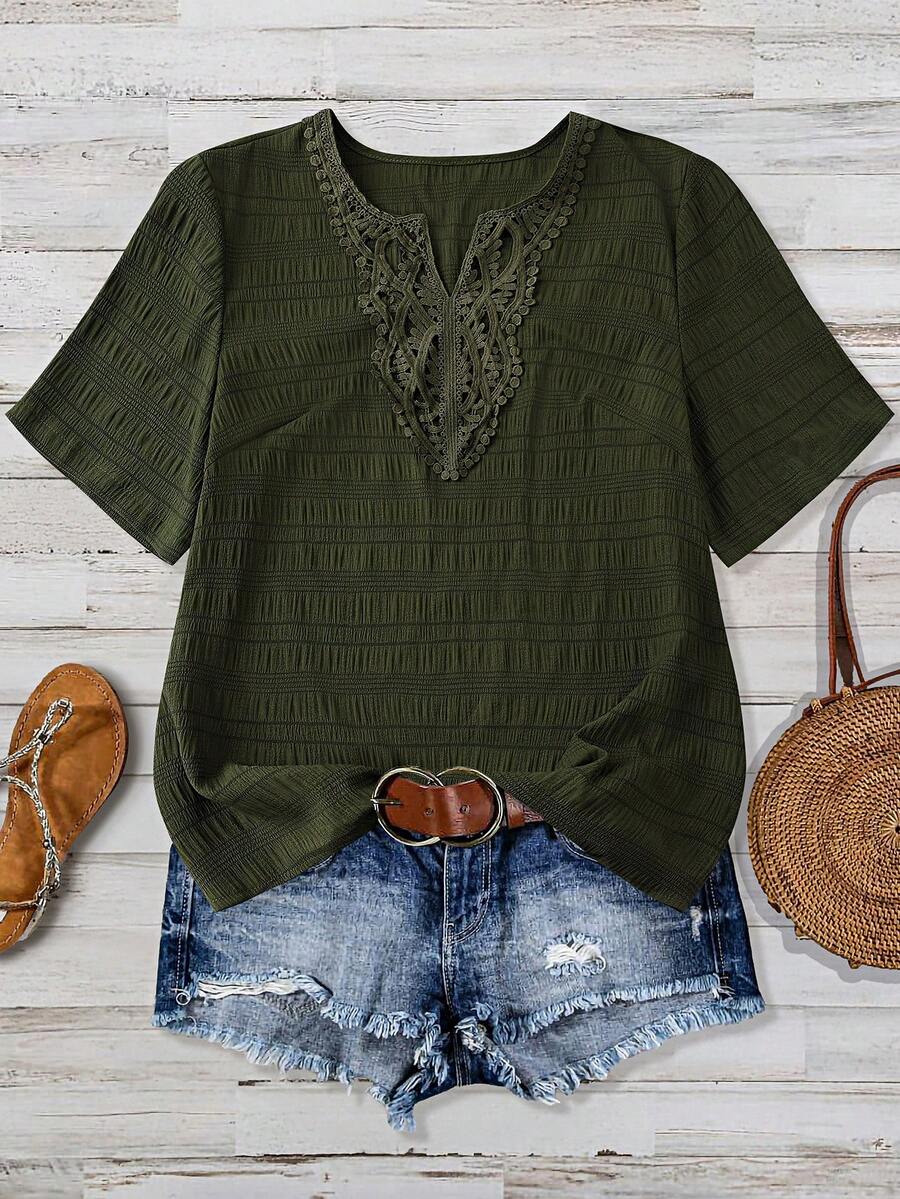 Linhara Plus Size Women V-Neck Casual Boho Versatile Daily Wear Short Sleeve Shirt Beach Vacation Army Green Summer - Green - View 1