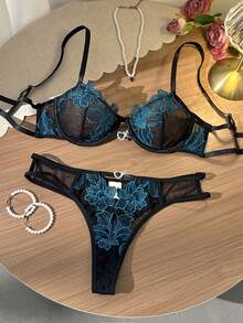 Divavoom 2pcs Women Floral Embroidery Mesh Lingerie Set - Teal Blue - View 4