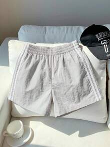 Comfortcana Celana Pendek Wanita dengan Pinggang Elastis, Motif Blok Warna, Kasual, Serbaguna untuk Pemakaian Sehari-hari - Light Grey - View 3