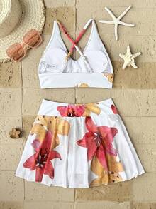 SHEIN 少女花卉印花比基尼3件套，適合海灘度假、夏威夷度假，白色夏季熱帶風，適合少女 - 杏色 - 查看 2