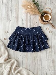 SHEIN EZwear 女款夏季復古優雅度假風圓點印花雙層荷葉邊裙襬裙 - 藏蓝色 - 查看 6