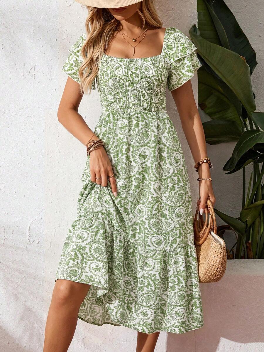 Breezaya Summer Floral Shirred Ruffle Hem Dress Maxi Vacation Beach Outfits Women - Green - View 1