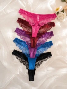 SHEIN Set de 5 bragas tipo tanga de tela acanalada con aplicaciones de encaje - Multicolor - View 3