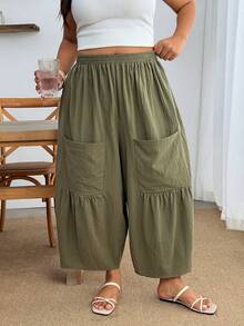 Enliva Plus Size Loose Fit Large Pocket Casual Pants Fall - Army Green - View 7