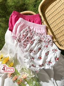 SHEIN Vintaside Kids 4 pièces/set Shorts fleuris rose et rose clair doux pour bébé fille, style minimaliste de campagne, coupe ample, convient pour le jeu en extérieur, le confort à la maison, facilement adaptable à diverses occasions de fête, été - Multicolore - Voir 3
