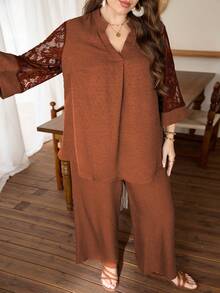 Lacomfia Plus Size Women Summer Brown Textured Fuzzy Sleeve Patchwork Lace 3/4 Sleeve Loose Top & Wide Leg Pants Set,Autumn Tropical Al-Adha Tea Party S - Orange - View 4