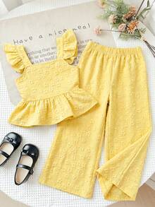 Emery Rose Kids Emery Rose Kids 2件組少女編織素色方領荷葉邊飾休閒吊帶上衣與長褲套裝 - 黃色 - View 2
