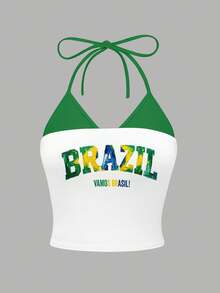 Resyla Débardeur décontracté à col ras-du-cou imprimé Brésil Y2K 2 en 1 Tube Top Style brésilien Tee-shirts de supporters de football - Multicolore - Voir 3