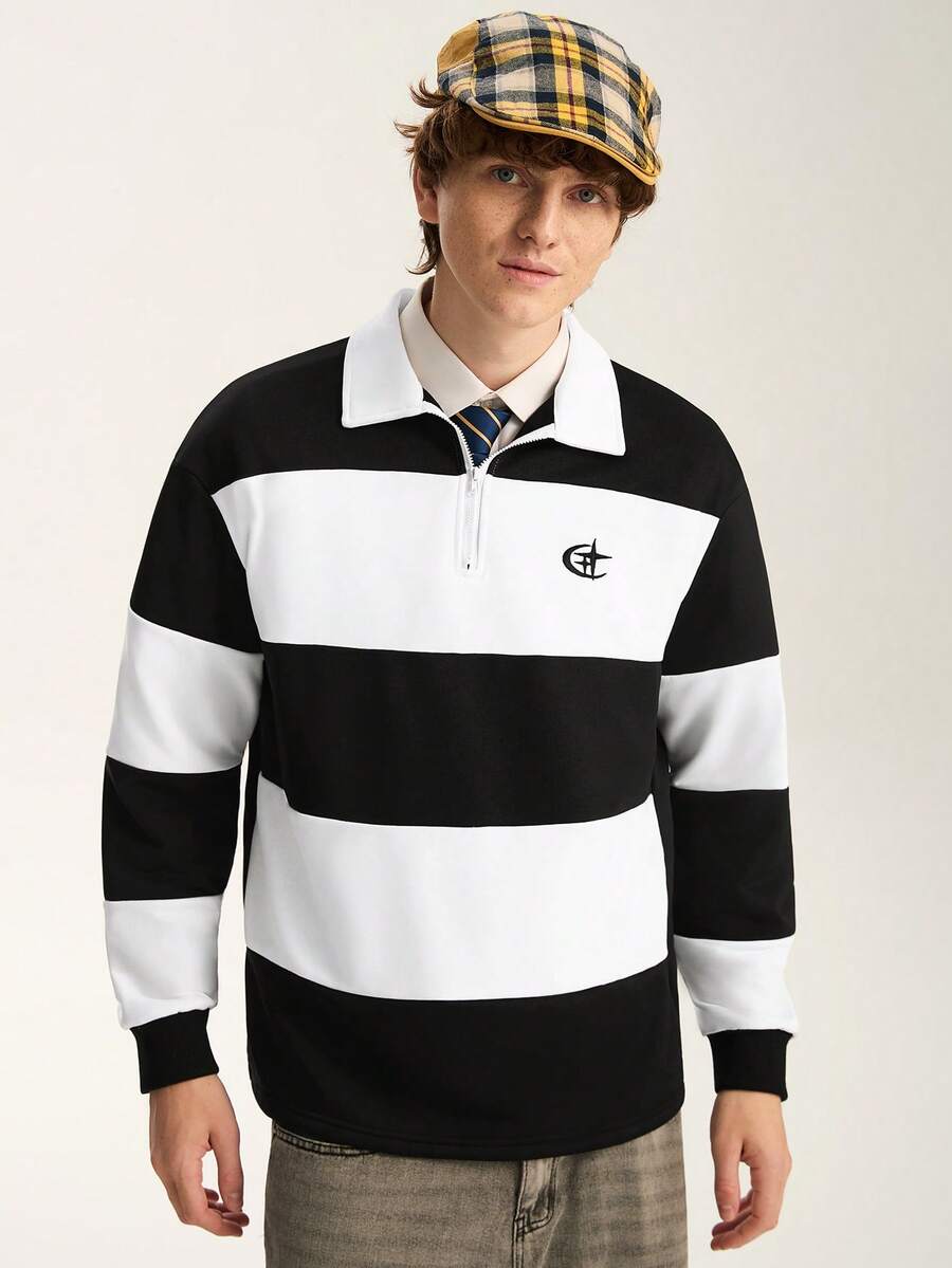 Limitiso 男士时尚条纹长袖休闲宽松 Polo 衫。街头风、朋友装、情侣装、宽松款、男士款、印花款、日系风格、男女通用款、我爱我的女朋友 - 黑與白 - 查看 1