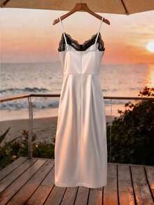 SHEIN Clasi Vestido midi casual y elegante de mujer con tirantes finos, cuello en V, encaje y parches, con botones laterales y abertura, adecuado para citas, reuniones, té de la tarde, vestido largo de color block, primavera/verano - Albaricoque - Ver 2