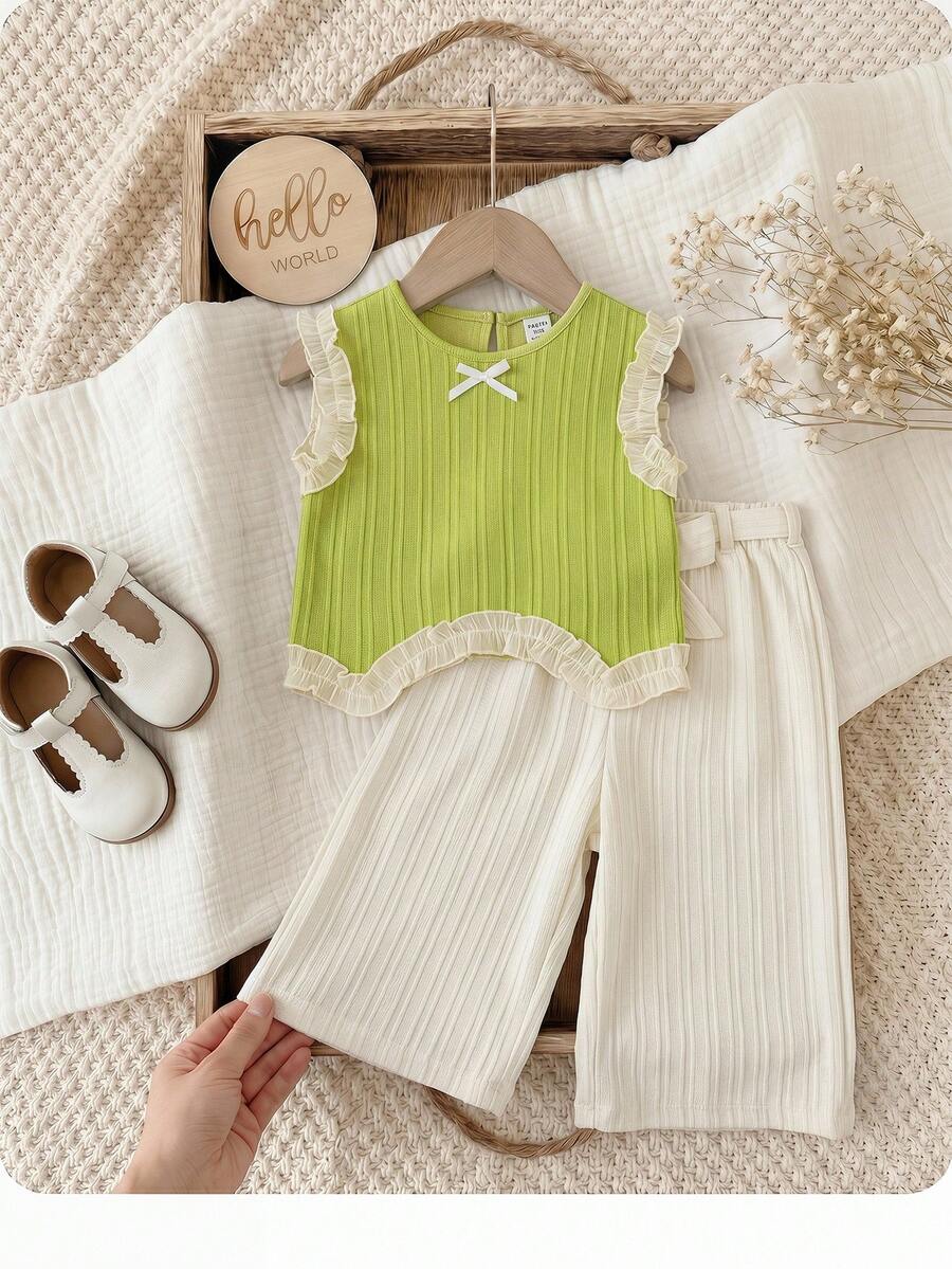 Baby Girls' Light Green Ruffle Bow Top Paired With Apricot Casual Pants, Cute Outfit For Daily, Vacation, Commute - Green - View 1