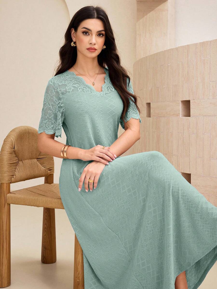 Lacomfia V-Neck Contrast Lace Textured Knit Mid-Length Dress For Women - Aqua Green - View 1